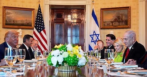 President Donald Trump, left, meets with Israel's Prime Minister Benjamin Netanyahu