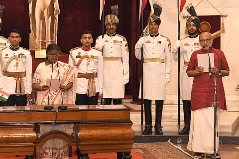 President Droupadi Murmu administers the oath of office of the Vice-President of India to CP Radhakrishnan during a swearing-in ceremony, at Rashtrapati Bhavan