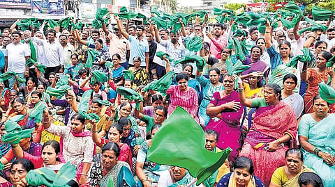 Farmers protest against land acquisition in Bidadi, Byramangala, and Kanchugaranahalli on Tuesday