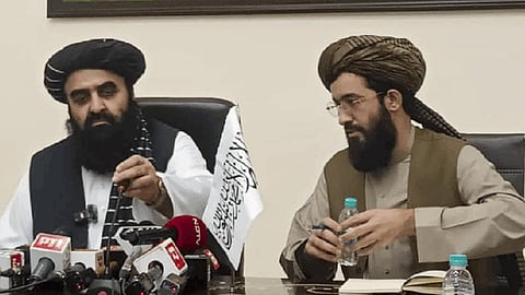 Afghanistan’s Acting Foreign Minister Amir Khan Muttaqi speaks during a press conference in New Delhi.