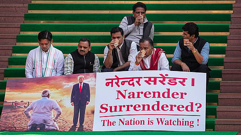 Opposition MPs who were suspended by the Speaker during the Budget session, protest outside the Parliament on Feb 10, 2026.