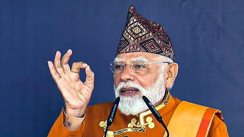 Prime Minister Narendra Modi addresses the closing ceremony of Sikkim's 50th year of statehood celebrations, at Paljor Stadium in Gangtok, Sikkim