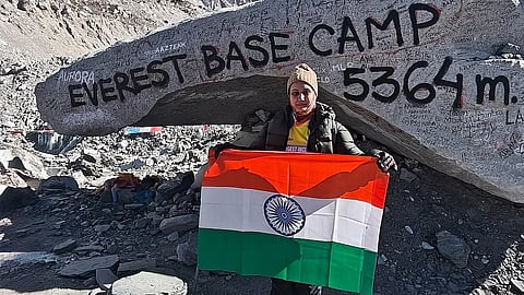 Priyanka Agarwal displays the Tricolour at Mount Everest Base Camp