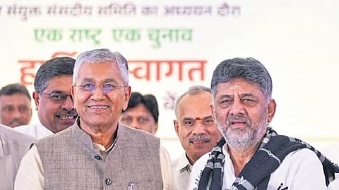 Joint Parliamentary Committee Chairman P P Chaudhary and DCM DK Shivakumar in Bengaluru on Saturday