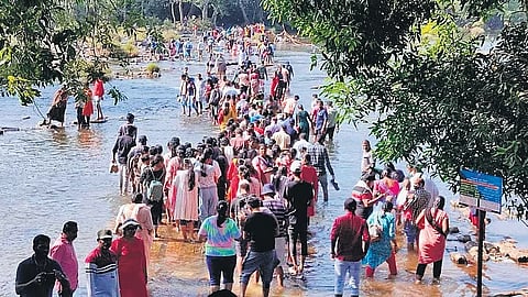 Tourists cross river Cauvery to reach Dubare Camp
