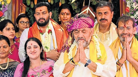 Deputy Chief Minister DK Shivakumar at the Madhyarangana Temple at Kollegal in Chamarajanagar district on Thursday.