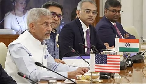 External Affairs Minister S Jaishankar addressing the Quad foreign ministers' meeting in New Delhi.