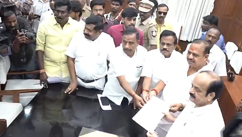 SP Velumani and supporting MLAs meet Speaker JCD Prabhakar amid political developments in AIADMK camp.