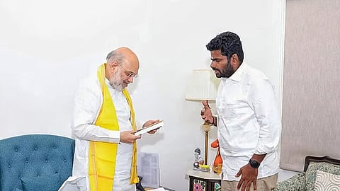 Union home minister Amit Shah with TN BJP leader Annamalai in Delhi.