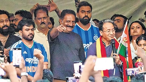 CJP founder Abhijeet Dipke (left) with actor Prakash Raj and activist Sonam Wangchuk at Freedom Park in Bengaluru on Sunday
