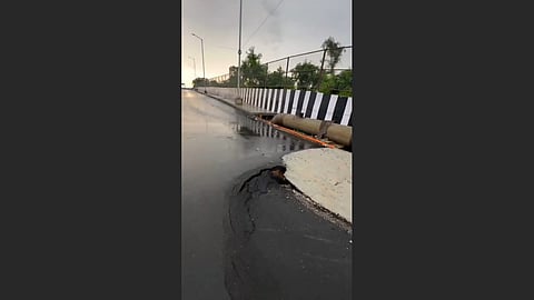 The damaged patch on the BDA road near Kadabagere on Monday.