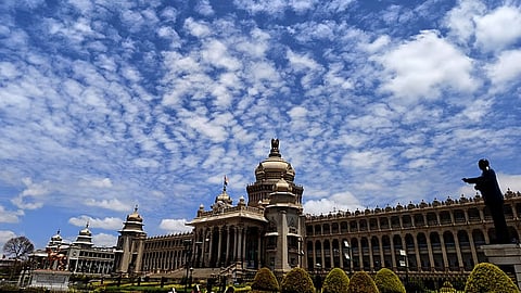 Cloud patches scattered over Vidhana Soudha and Vikasa Soudha in Bengaluru.