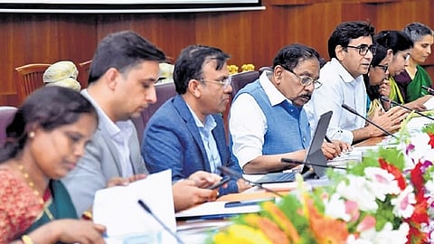Deputy Chief Minister Dr G Parameshwara chairs a review meeting of the Revenue department at Suvarna Vidhana Soudha in Belagavi on Wednesday.