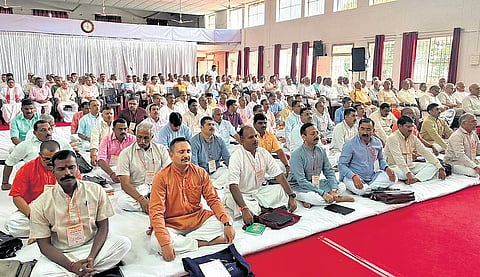 Participants attend the three-day Rashtriya Swayamsevak Sangh meeting in Belagavi on Friday