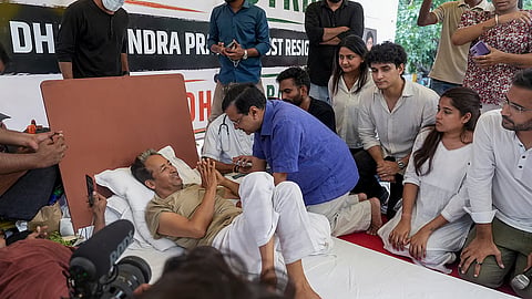 AAP National Convenor Arvind Kejriwal interacts with climate activist Sonam Wangchuk during his hunger strike at Jantar Mantar, in New Delhi, Thursday, July 16, 2026.