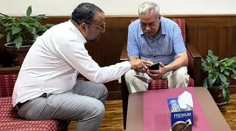 Naveen Srivastava, Ambassador of India in Nepal met Rajendra Dawadi, Principal, Tribhuvan Trishuli Secondary School.