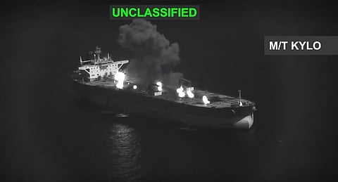 A US airstrike on an IRGC crude oil carrier off the coast of Iran's Kharg Island, Sept. 05, 2026.