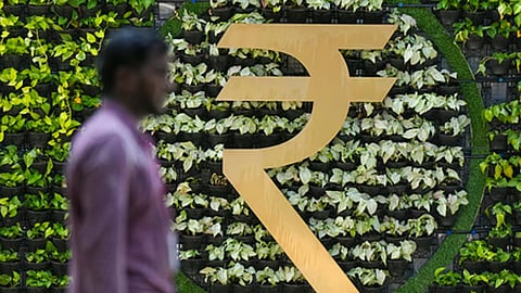 Rupee logo at Reserve Bank of India (RBI) headquarters, in Mumbai