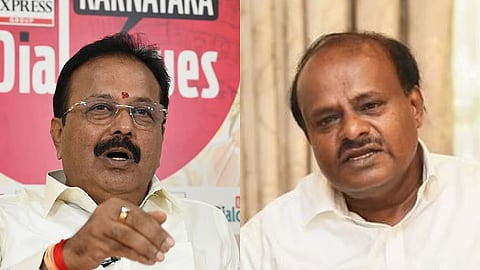 Karnataka Water Resources Minister N Chaluvarayaswamy (L) and Union Minister HD Kumaraswamy