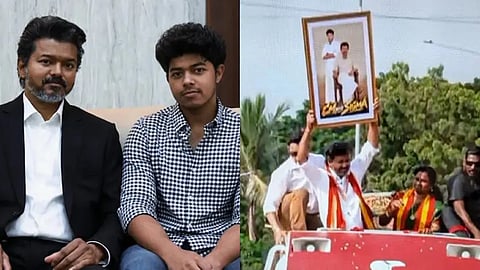 TN CM Vijay Holds Up Son Jason Sanjay's Sigma Frame During Roadshow On Film Release Day