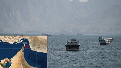 Vessels at the Strait of Hormuz, as seen from Musandam, Oman, October 2, 2026