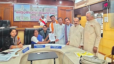 BJP leaders. including state party president BY Vijayendra, accompany SV Sankanur as he files his nomination from the West Graduates constituency in Dharwad on Tuesday.