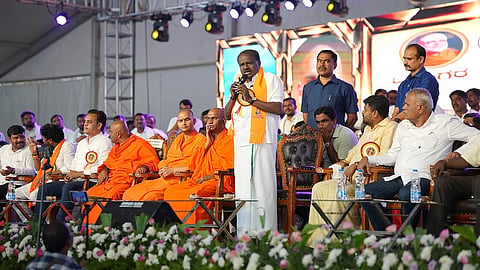 Union Minister HD Kumaraswamy participates in the Kempegowda Jayanti celebrations at Mulbagal in Kolar district on Tuesday.