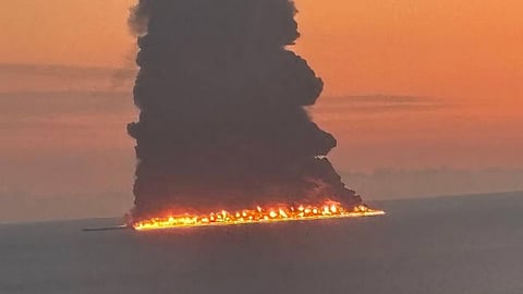 This screen grab taken from X shows a fire on a vessel believed to be an oil tanker at the Russian city of Sochi on the Black Sea, amid the Russian invasion of Ukraine.