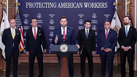 US Vice President JD Vance speaks as Stephen Miller, White House deputy chief of staff