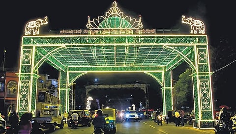 Sayyaji Rao Road in Mysuru lit up for Dasara on Saturday