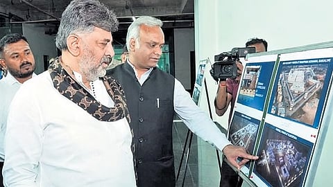 CM DK Shivakumar with Home Minister Priyank Kharge at the Central Command Centre and Integrated Police Bhavan on Saturday.