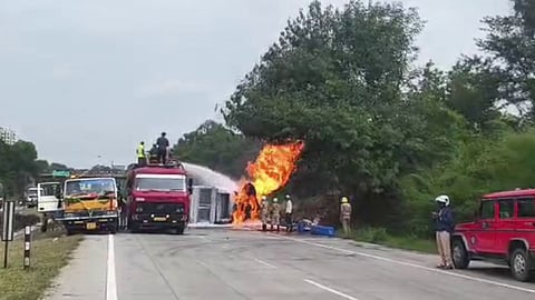 Chemical tanker catches fire on NICE road in Bengaluru