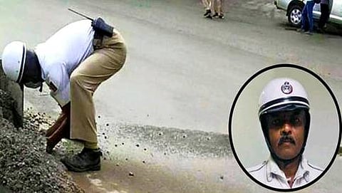 ಬರಿಗೈನಲ್ಲಿ ಸಿಮೆಂಟ್ ಕಾಂಕ್ರಿಟ್ ಎತ್ತಿಹಾಕುತ್ತಿರುವ ಕಾನ್ಸ್ಟೇಬಲ್ ಸತ್ಯನಾರಾಯಣ
