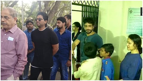 ಮತ ಚಲಾವಣೆಗೆ ಬೆಳಗ್ಗೆಯೇ ಮತಗಟ್ಟೆಗೆ ಆಗಮಿಸಿದ ನಟರಾದ ಅಲ್ಲು ಅರ್ಜುನ ಮತ್ತು ನಾಗಾರ್ಜುನ ಹಾಗೂ ಅವರ ಪತ್ನಿ ಅಮಲಾ