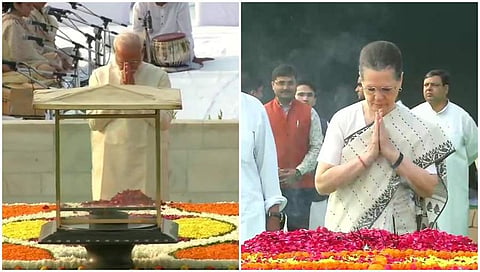 ಪ್ರಧಾನಿ ನರೇಂದ್ರ ಮೋದಿ ಮತ್ತು ಕಾಂಗ್ರೆಸ್ ಅಧ್ಯಕ್ಷೆ ಸೋನಿಯಾ ಗಾಂಧಿಯಿಂದ ಬಾಪೂಗೆ ನಮನ
