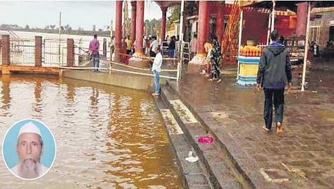ಕಾಗವಾಡ ಹತ್ತಿರ ನೀರು ಉಕ್ಕಿ ಹರಿದು ದೇವಾಲಯದ ಸಮೀಪ ನೀರು ತುಂಬಿಕೊಂಡಿರುವುದು. ಒಳಚಿತ್ರದಲ್ಲಿ ನೀರಿನಲ್ಲಿ ಕೊಚ್ಚಿ ಹೋದ ಗ್ರಾಮಸ್ಥ