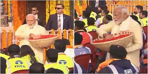 ಮಂದಿರ ನಿರ್ಮಾಣ ಕಾರ್ಮಿಕರೊಂದಿಗೆ ಪ್ರಧಾನಿ ಮೋದಿ