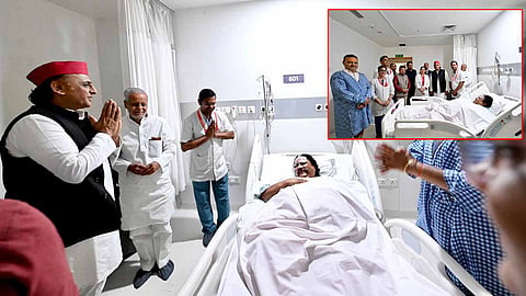 தன்னுடைய உருவப் பொம்மையை எரித்தபோது காயம் அடைந்த பாஜக எம்.எல்.ஏ.: மருத்துவமனைக்கு சென்று நலம் விசாரித்த அகிலேஷ் யாதவ்