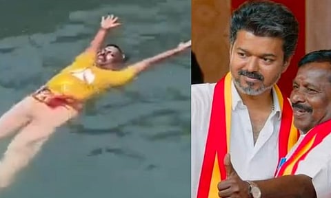 ஜலபிரதட்சணம்.. விஜய் முதல்வர் ஆனதால் தண்ணீரில் மிதந்து வேண்டுதலை நிறைவேற்றிய தவெக எம்எல்ஏ