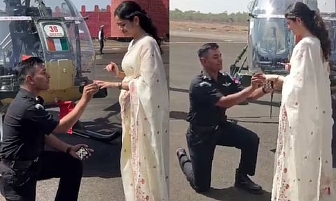 ராணுவ பயிற்சி பள்ளியில் ஹெலிகாப்டர் முன் பெண்ணுக்கு Propose செய்த வீடியோ வைரல் - வீரருக்கு சிக்கல்