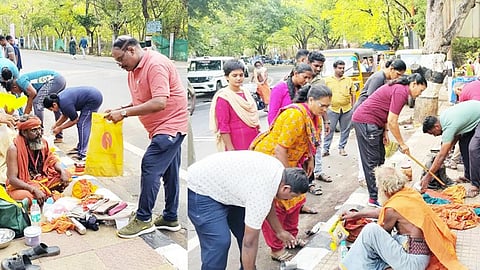 கிரிவலப்பாதையில் சாமியார்களிடம் சோதனை நடைபெற்ற காட்சி.