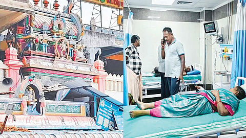 திருத்தணி கோவிலில் கோபுர சிலை உடைந்து விழுந்ததில் 4 பக்தர்கள் படுகாயம்