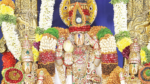 புரட்டாசி- திருவொற்றியூர் பெருமாள் கோவிலில் 400 கிலோ உலர் பழங்களால் அலங்காரம்