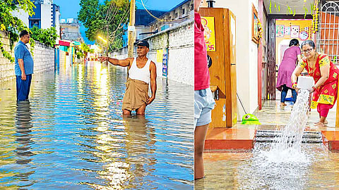 நாகர்கோவில் செம்மாங்குளம் அருகே உள்ள சாலையில் மழைநீர் பெருக்கெடுத்து ஓடியதையும், வீட்டுக்குள் புகுந்த தண்ணீரை வெளியேற்றும் பணியில் பெண் ஒருவர் ஈடுபட்டதையும் படத்தில் காணலாம்.