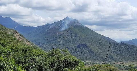மேற்குதொடர்ச்சி மலையில் தீப்பற்றி எரிந்து வருவதை படத்தில் காணலாம்.