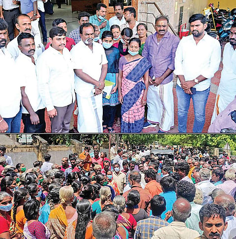 கலெக்டர் அலுவலகத்திற்கு மனு கொடுக்க வந்த தொழிலாளி மாயாண்டியின் குடும்பத்தினர் மற்றும் பா.ஜனதா நிர்வாகிகள், ஊர்பொதுமக்கள்.