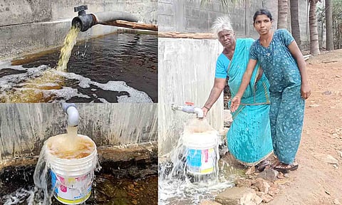 ஆழ்துளை கிணற்றில் இருந்து வெளியேறிய மஞ்சள் நிற தண்ணீர். 