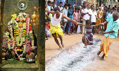 சிறப்பு அலங்காரத்தில் அம்மன் அருள்பாலித்ததையும், சிறுமி குண்டம் இறங்கியதையும் படத்தில் காணலாம். 