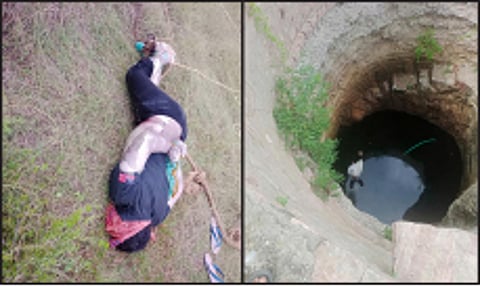 தி.மு.க. பிரமுகர் பாலாஜி பிணமாக கிடப்பதையும், அவரது உடல் மீட்கப்பட்ட கிணற்றையும் படத்தில் காணலாம்.