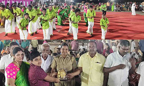 வள்ளி கும்மியாட்டம் நடைபெற்ற காட்சி. காவல் ஆய்வாளர் சரஸ்வதி வள்ளி கும்மியாட்ட குழுவினருக்கு பரிசு வழங்கிய காட்சி. 
